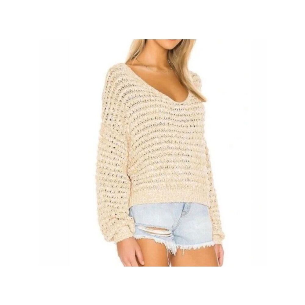 Free People Oversized Loose Knit Coconut V-Neck Sweater Size Large